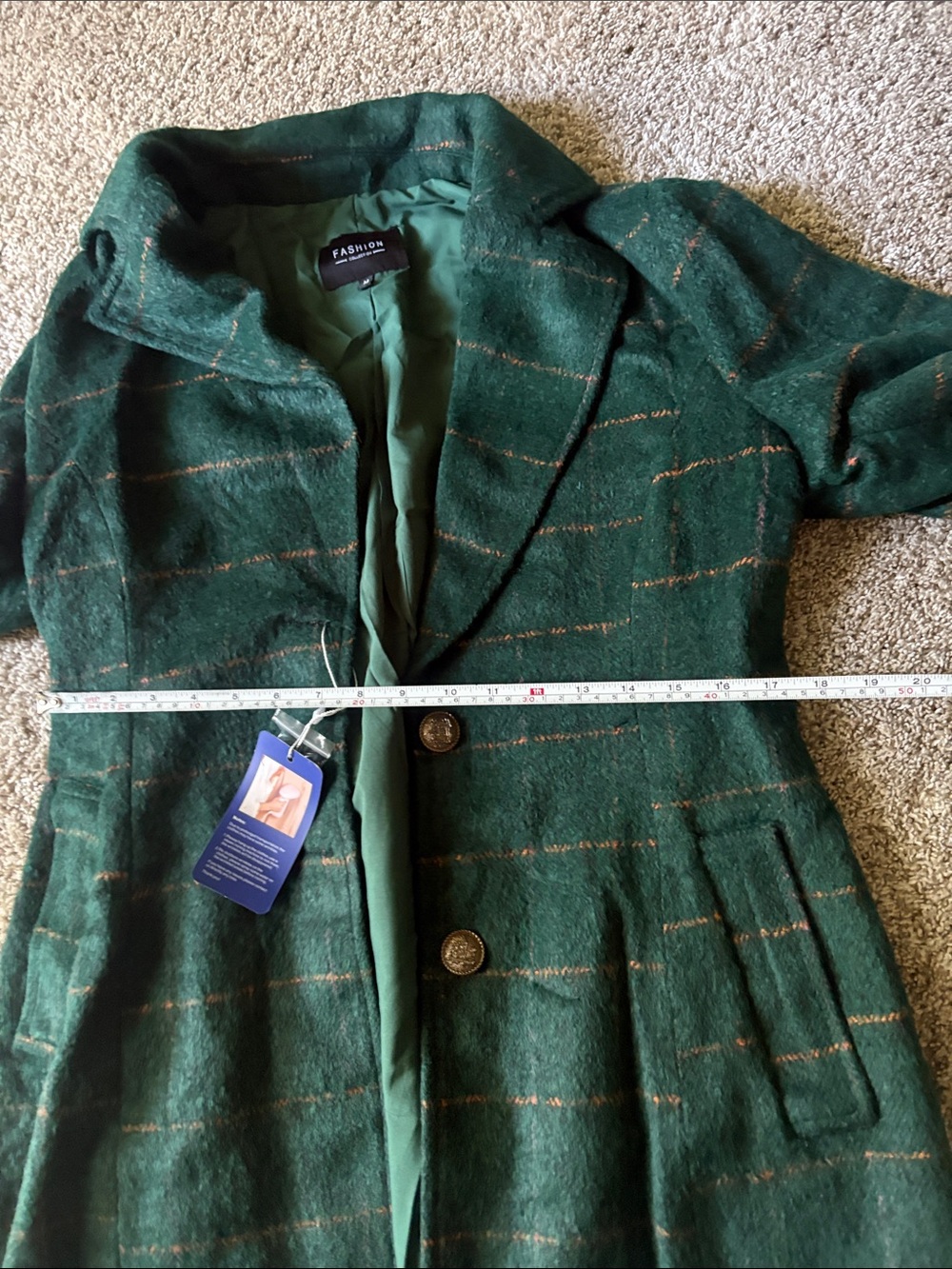 Forest Green Plaid Wool-Blend Pea Coat - Picture 7 of 7